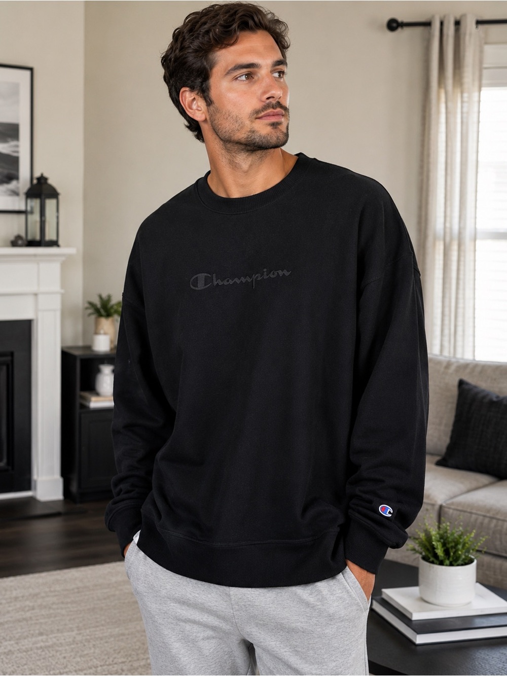 Champion Men’s Powerblend Black Logo Crewneck Sweatshirt Size 2XL